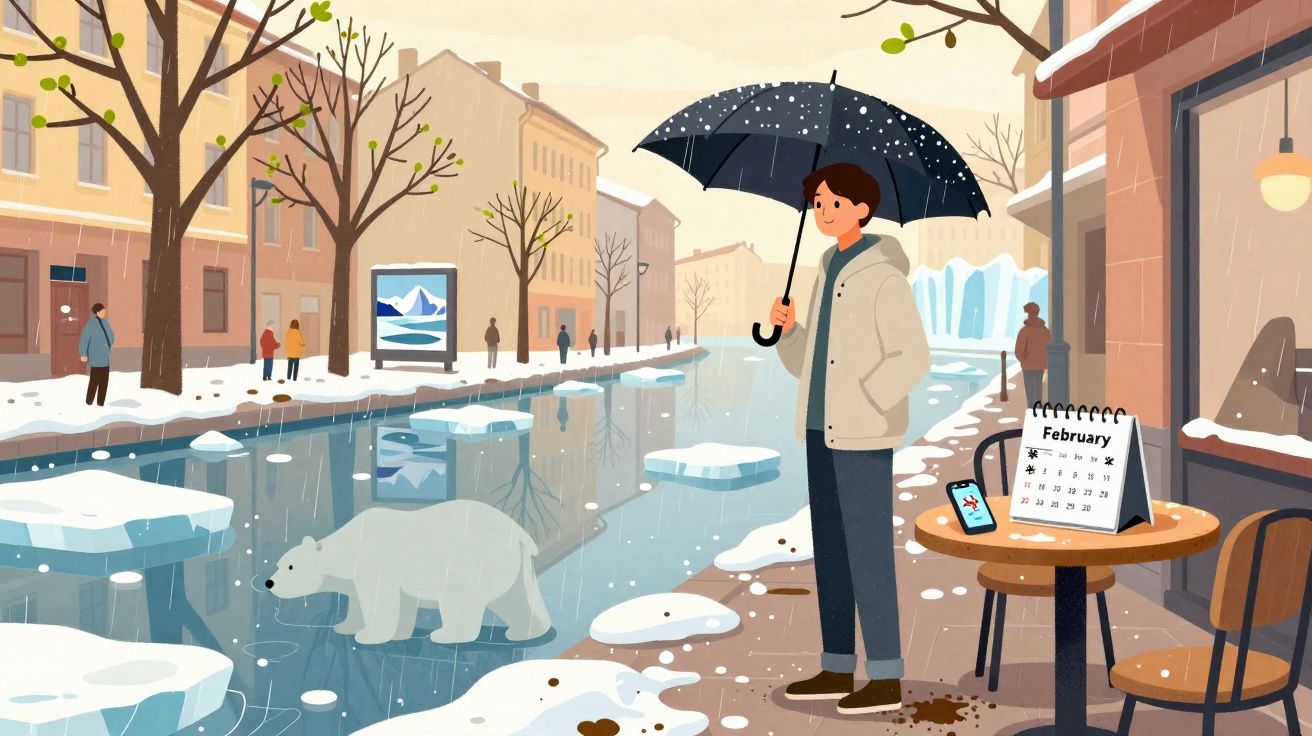 Pessoa com guarda-chuva num passeio urbano de inverno, com ursinho polar junto a um canal gelado.