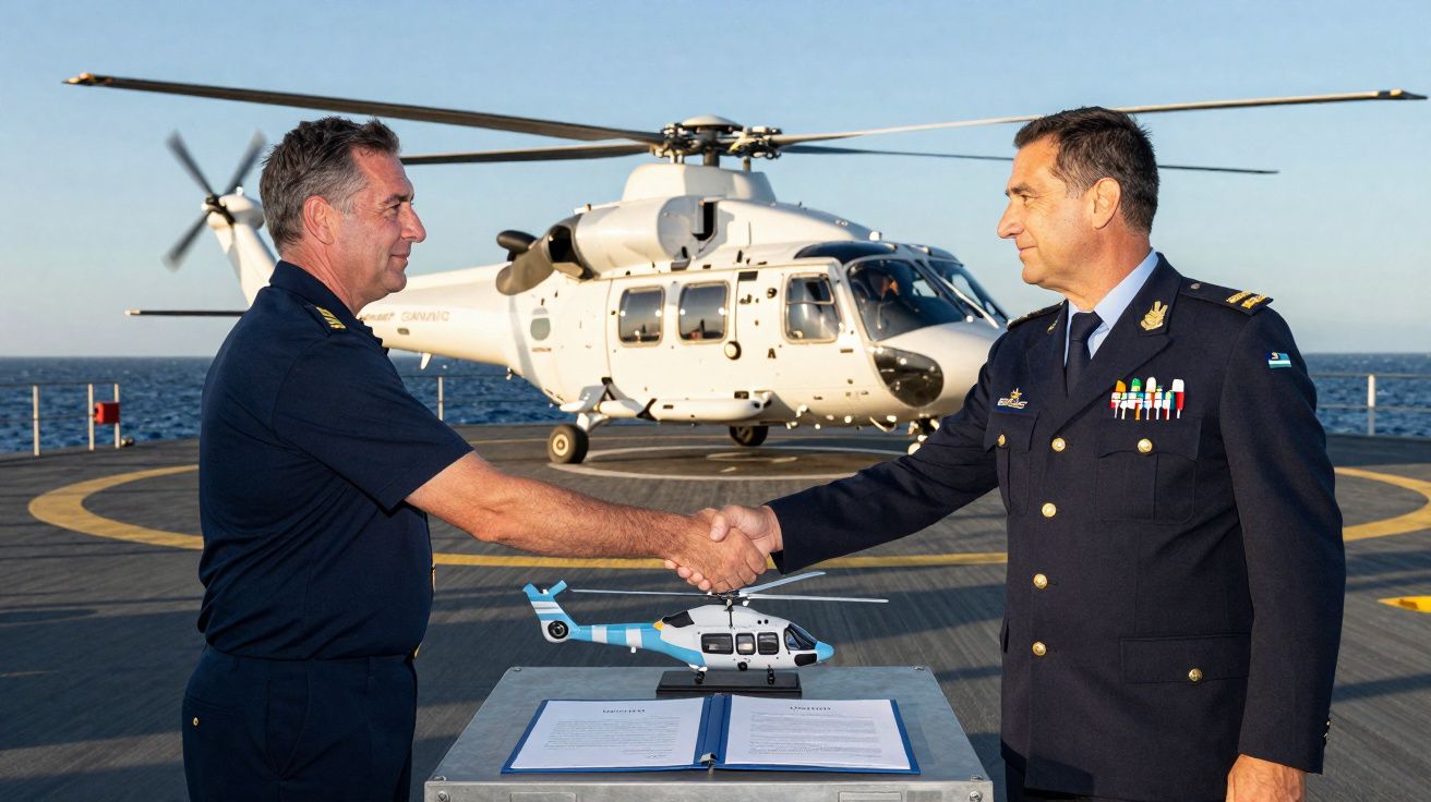 Dois oficiais da marinha apertam as mãos em convés com helicóptero e modelo de helicóptero em destaque.