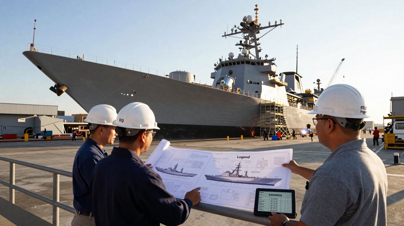 Três engenheiros com capacetes brancos analisam planos à frente de um navio militar atracado no cais.