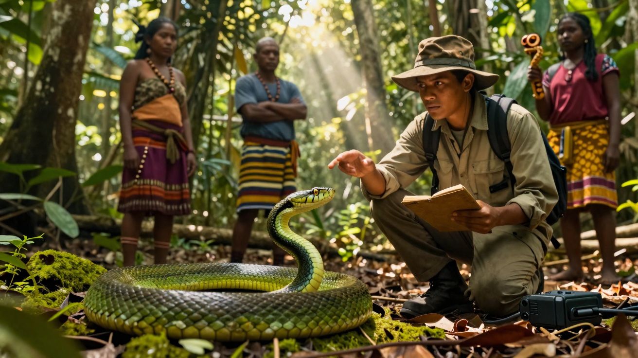 Homem com chapéu observa cobra verde numa floresta, com três pessoas tribais ao fundo.