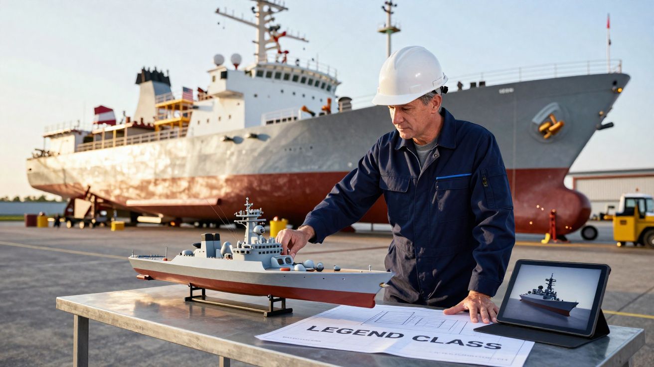 Engenheiro naval com capacete branco ajusta modelo de navio em mesa com plantas e ecrã digital no estaleiro naval.