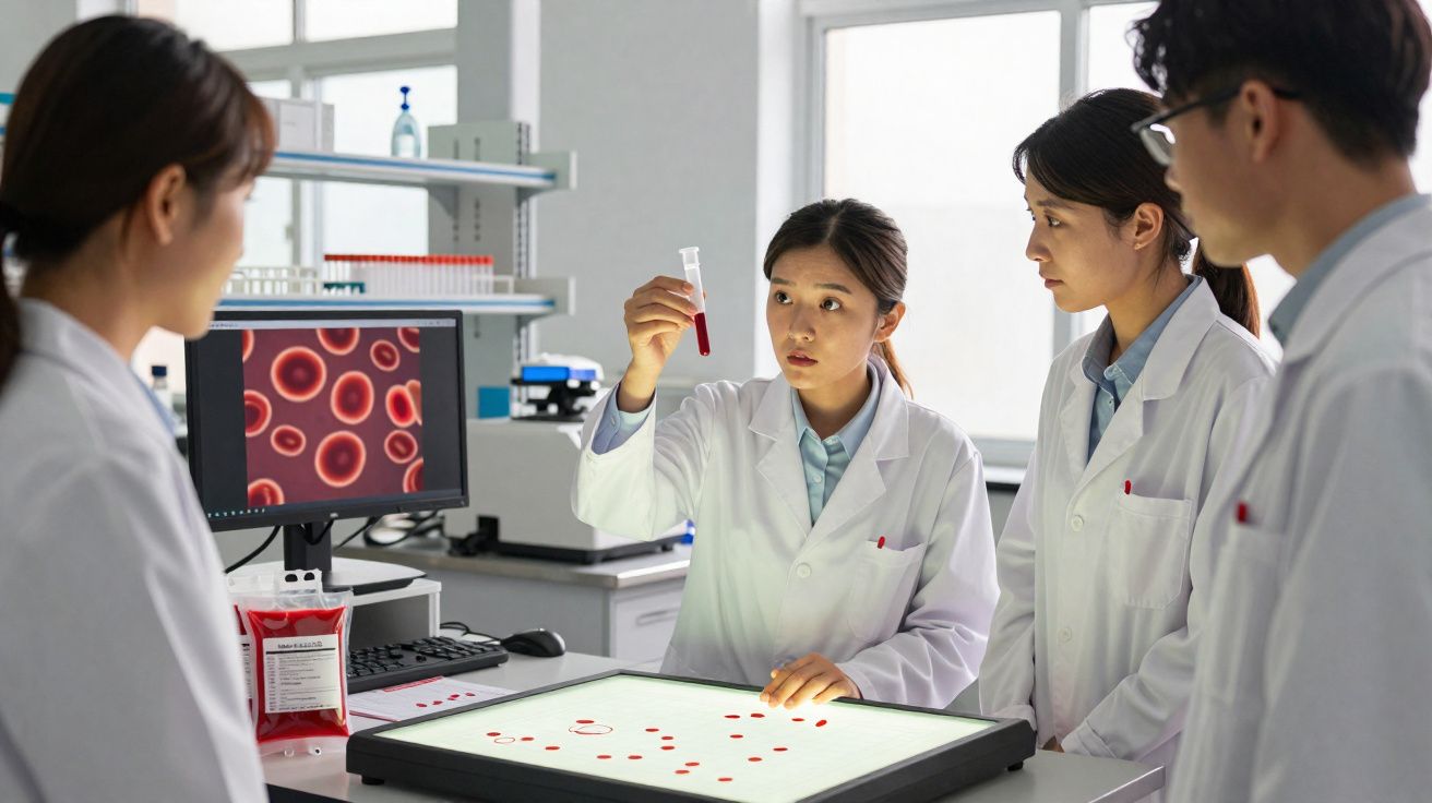 Quatro cientistas em laboratório analisam amostra de sangue com imagens de células vermelhas no ecrã do computador.