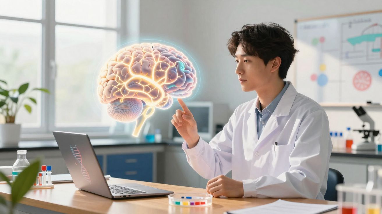 Cientista em laboratório interage com imagem holográfica do cérebro humano junto a computador portátil.