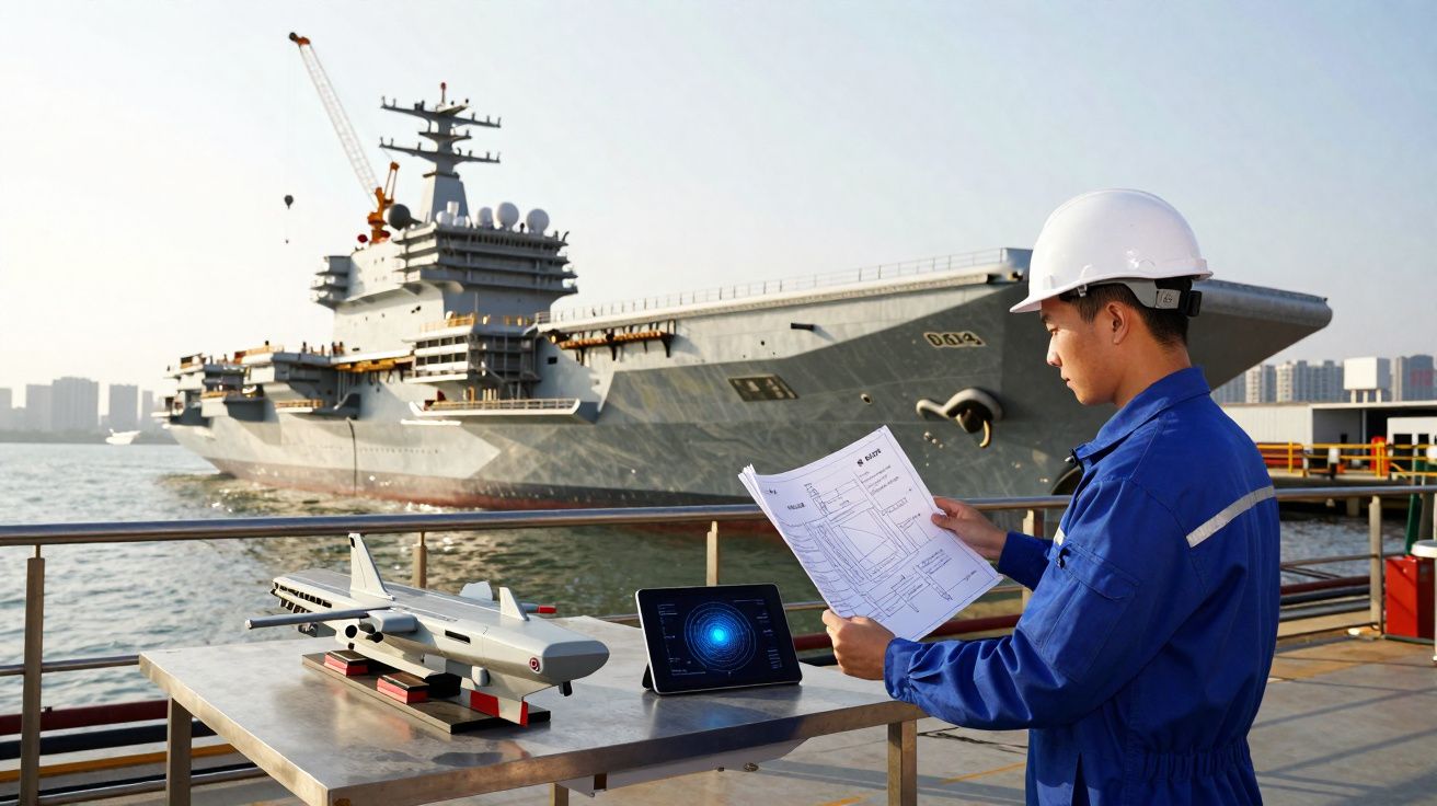 Engenheiro naval em capacete e fato azul analisa planos junto a modelo ecrã, com porta-aviões ao fundo no porto.