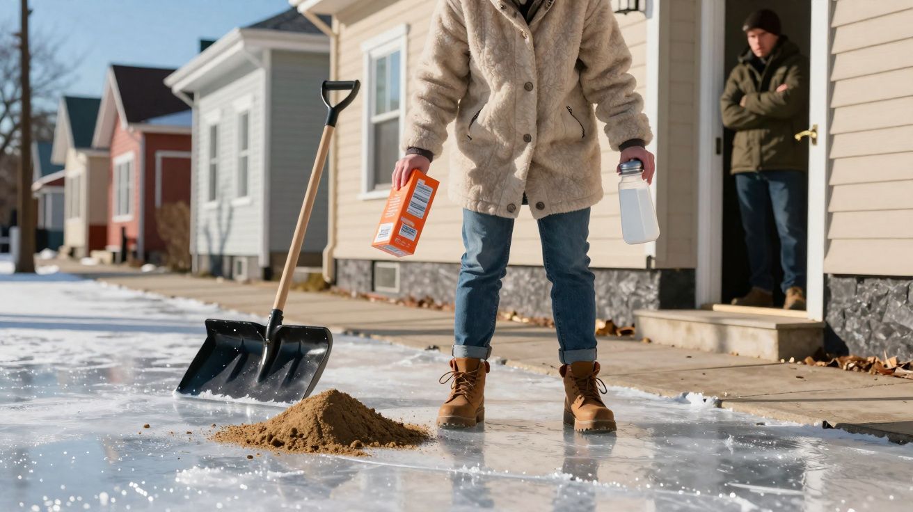 Pessoa a espalhar sal para derreter gelo num passeio coberto de gelo, com uma pá encostada no chão ao lado.