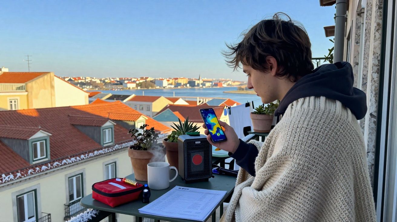 Jovem enrolado em manta usa telemóvel na varanda com vista para telhados e rio ao fundo.