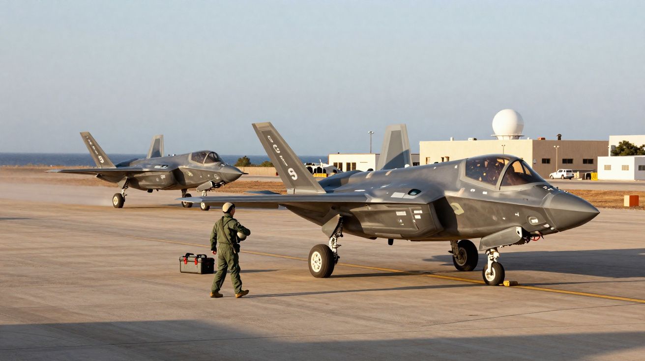 Dois aviões de caça F-35 estacionados na pista com um piloto a caminhar próximo ao avião da frente.