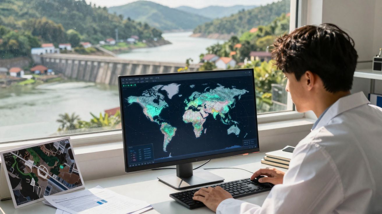 Pessoa a trabalhar num computador com mapa mundial num ecrã, com vista para uma barragem e paisagem montanhosa.