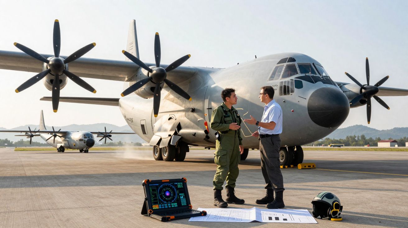 Dois homens em uniforme conversam junto a um avião militar de transporte na pista de um aeródromo, com equipamento no chão.