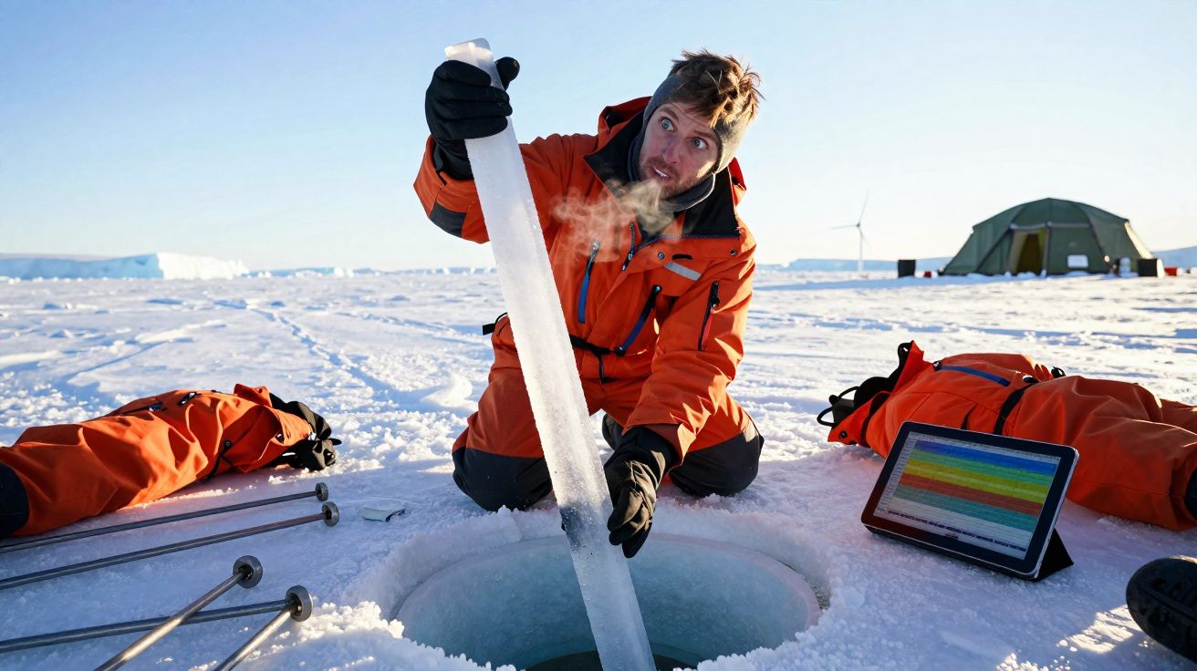 Investigador em fato laranja retira núcleo de gelo de uma abertura no gelo no Ártico com equipamento científico.