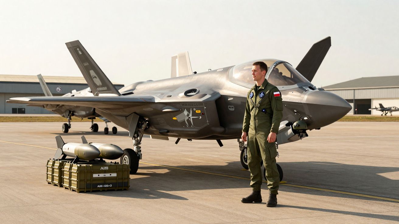 Piloto militar em uniforme verde junto a caça furtivo cinzento estacionado em pista de aeroporto.