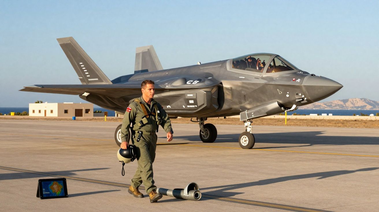 Piloto de voo militar em fato verde caminha em pista ao lado de caça furtivo estacionado ao pôr do sol.