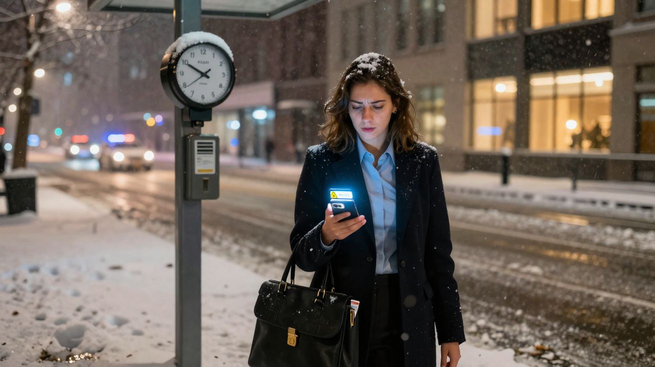 Mulher de negócios na rua nevada, à noite, olhando preocupada para o telemóvel, junto a um relógio de rua.
