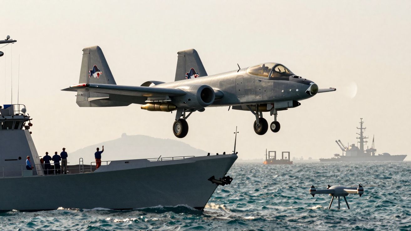 Avião de guerra em voo baixo sobre o mar perto de um navio com tripulação a bordo e um drone na água.