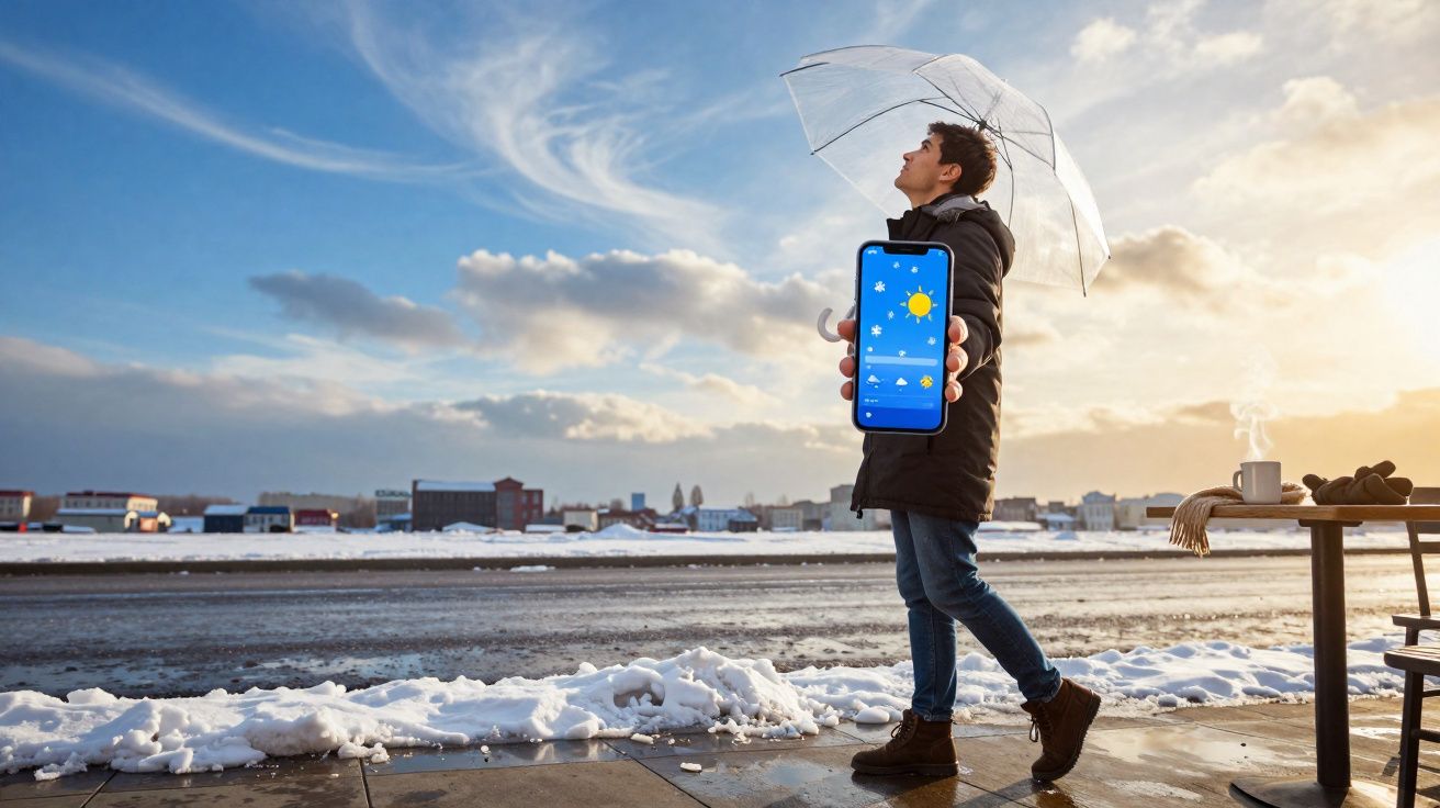 Homem de pé na calçada com guarda-chuva transparente e telemóvel a mostrar previsão do tempo em dia de neve.