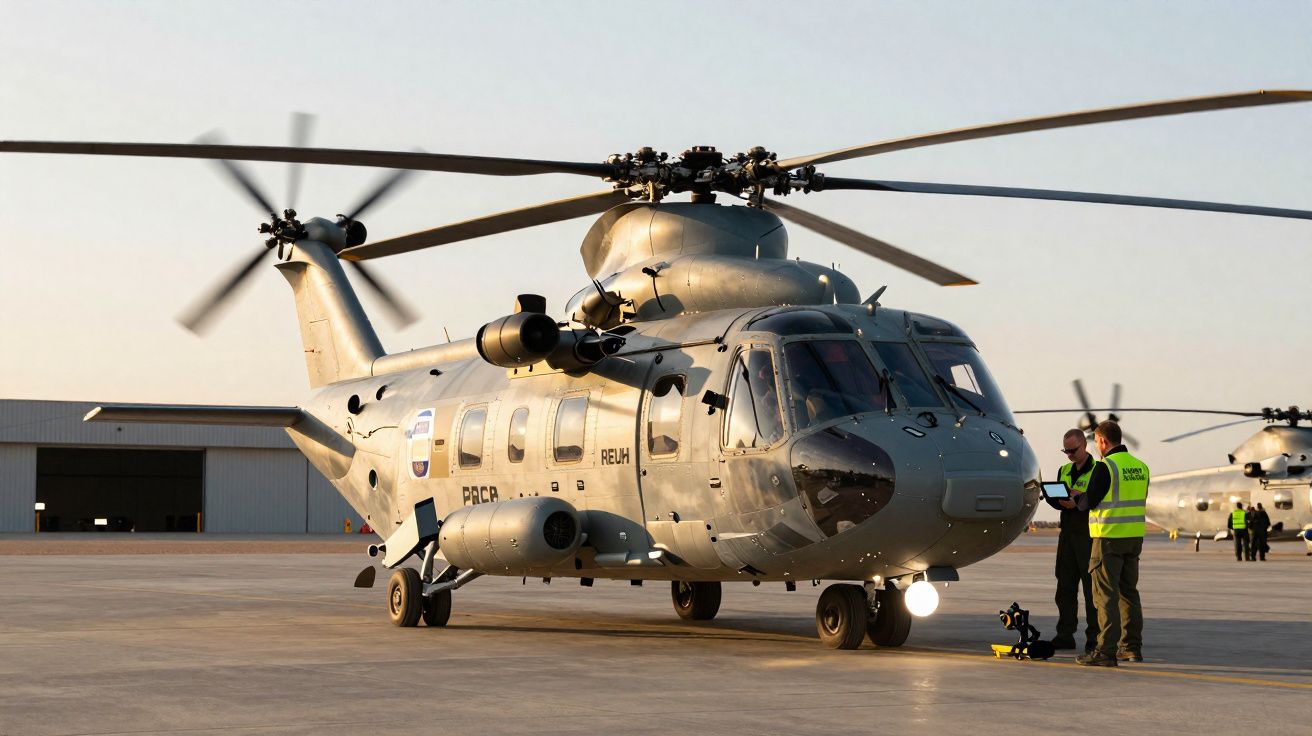 Helicóptero militar cinzento estacionado numa pista, com duas pessoas de colete refletor a conversar junto à cabine.