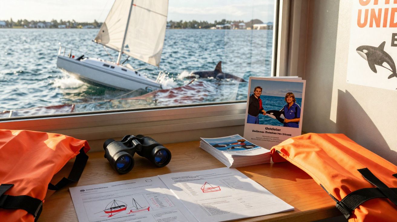 Interior de uma embarcação com coletes salva-vidas, binóculos, documentos e vista para um veleiro no mar.