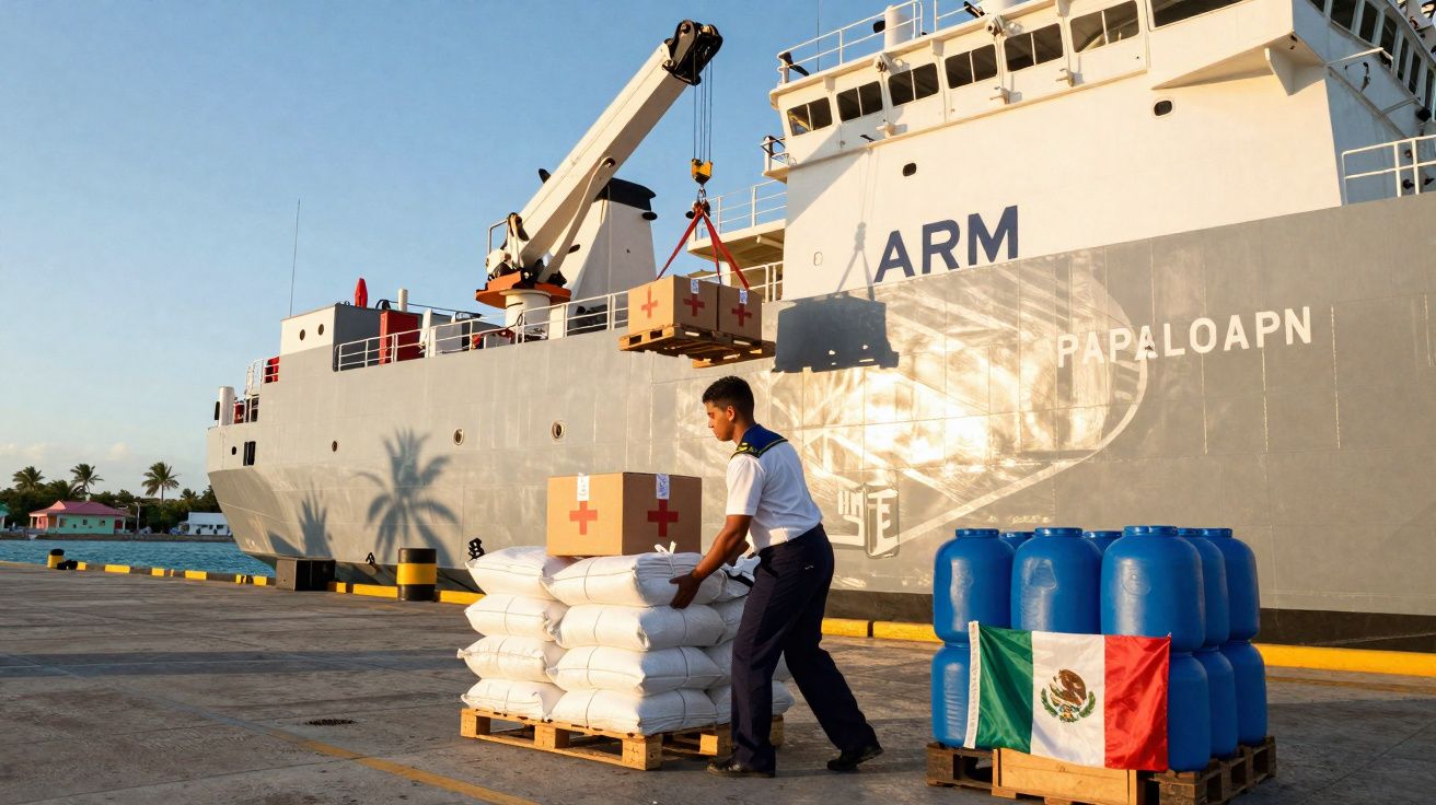 Militar descarrega mantimentos com cruz vermelha em navio de ajuda humanitária no cais ao pôr do sol.