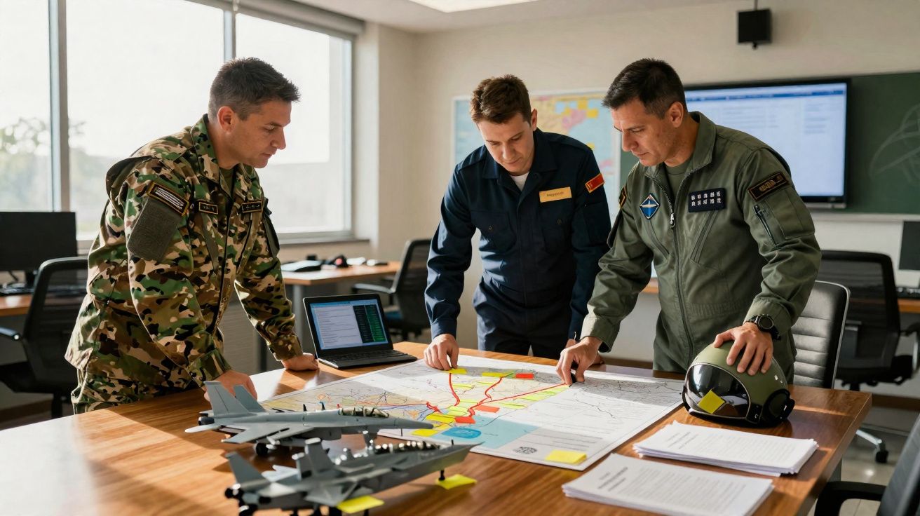 Três militares em uniformes estão a analisar mapas numa mesa, com miniaturas de aviões e computador portátil.