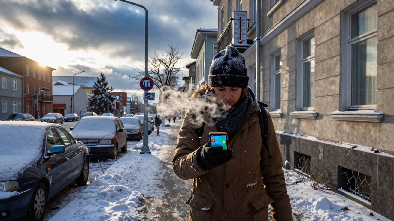 Pessoa com roupa de inverno a olhar para o telemóvel numa rua coberta de neve ao nascer do sol.