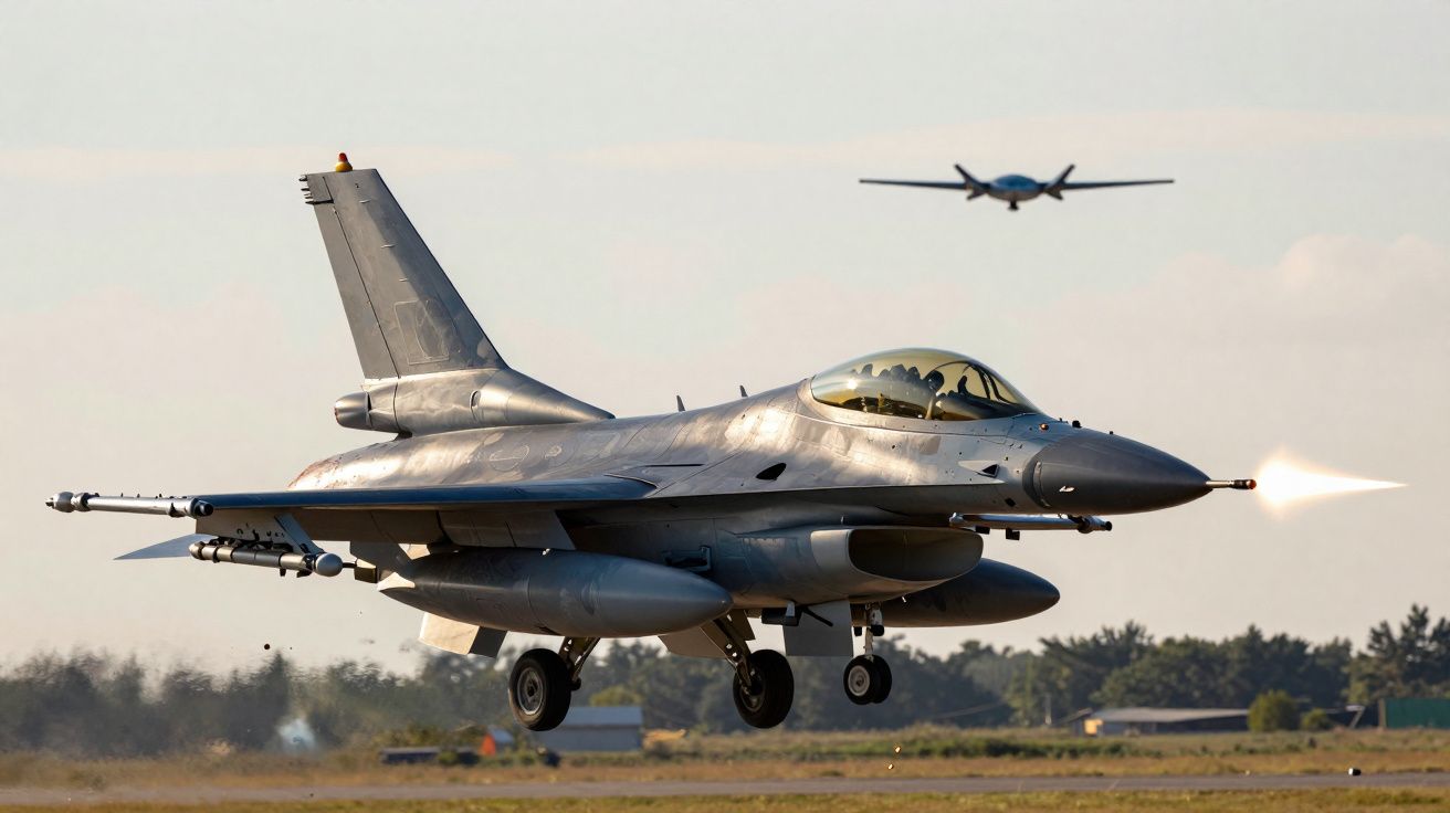 Caça F-16 a disparar munição durante descolagem, com drone ao fundo e céu limpo.