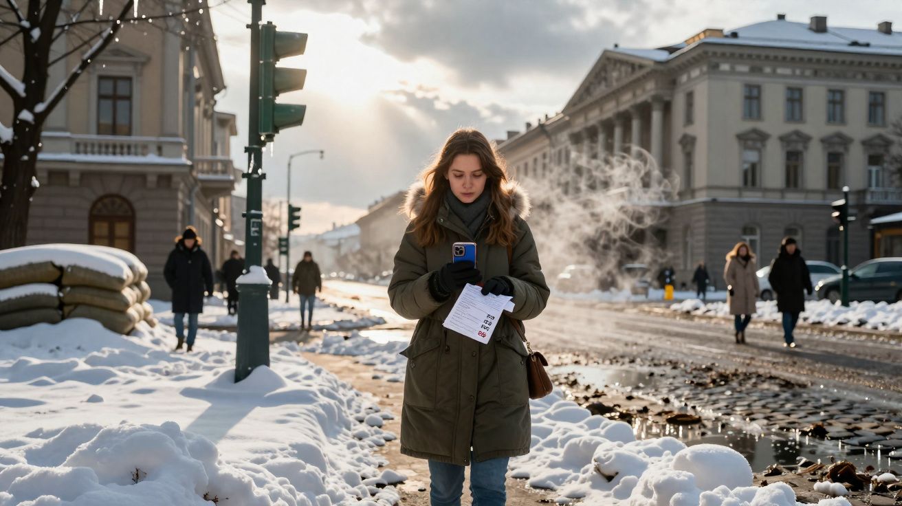 Mulher com casaco verde caminha na calçada coberta de neve numa cidade, olhando para o telefone.