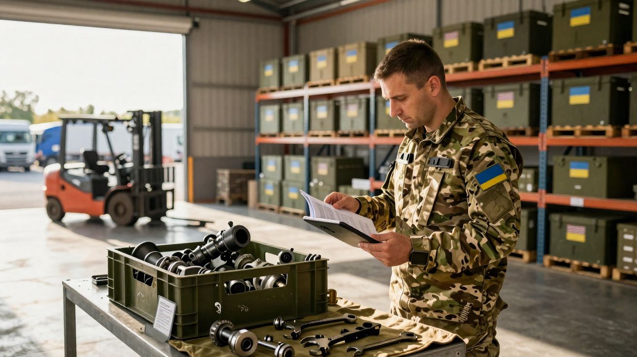 Soldado ucraniano em armazém a consultar manual com peças de armamento sobre mesa metálica.