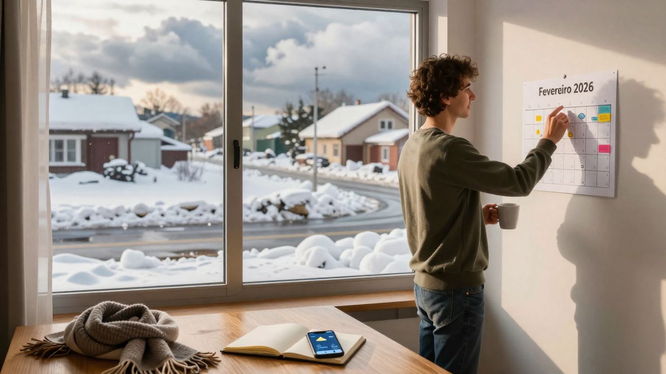 Homem a escrever num calendário de fevereiro de 2026, com janela a mostrar paisagem nevada e chávena na mão.