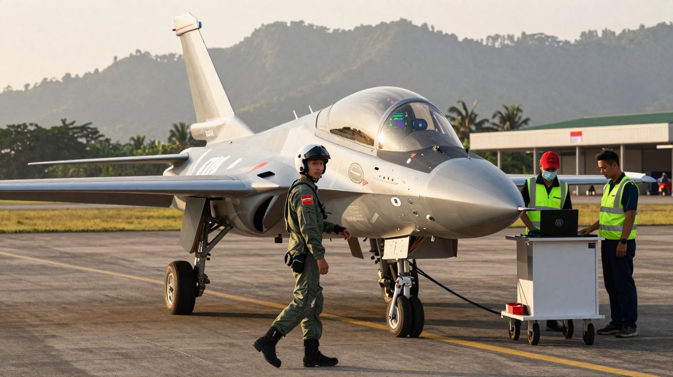 Avião militar estacionado numa pista com piloto e dois técnicos junto a equipamento de controlo.