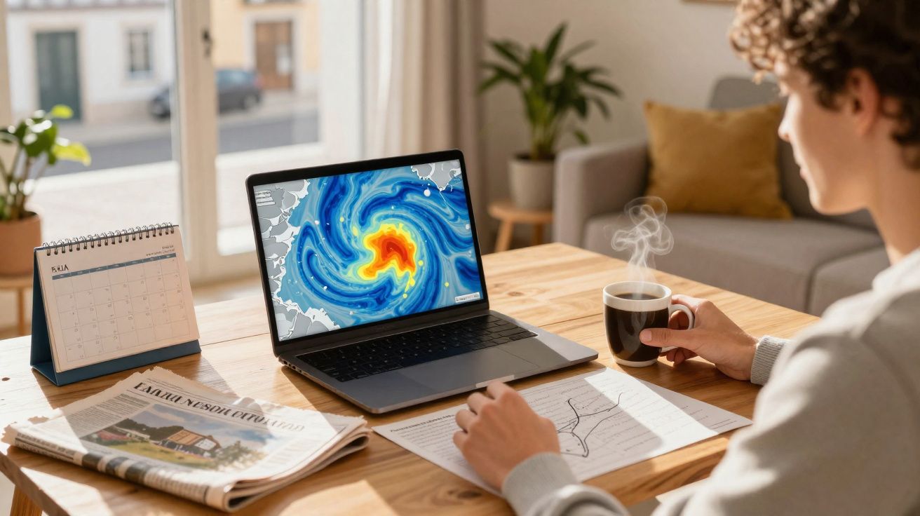 Pessoa a analisar gráficos de tempestade num computador portátil, com café e jornal numa mesa.