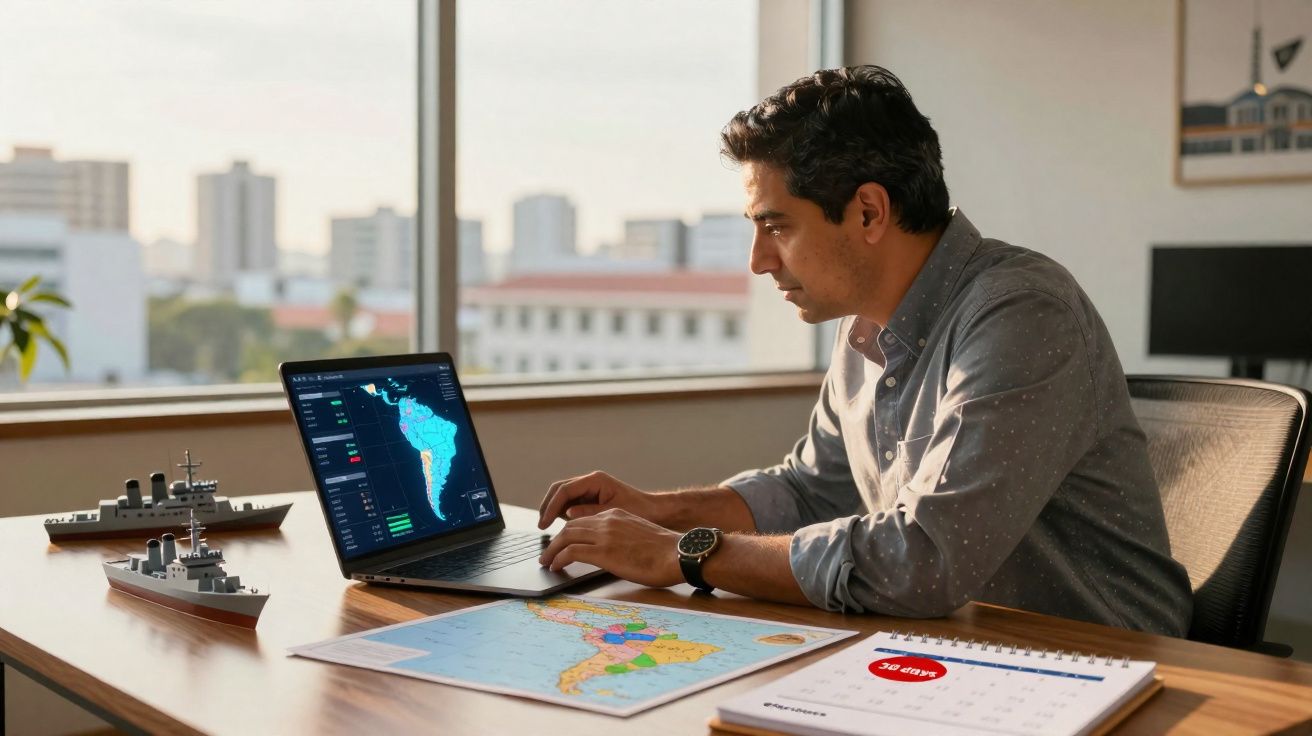 Homem sentado a trabalhar num portátil com mapa da América do Sul e calendários numa mesa de escritório.