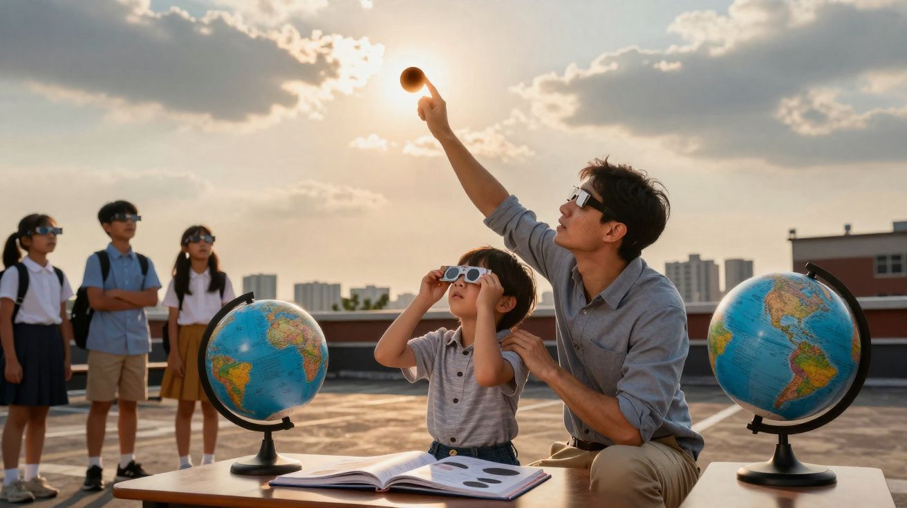 Homem e criança com óculos observam eclipse solar, com globos terrestres e crianças ao fundo, ao pôr do sol.