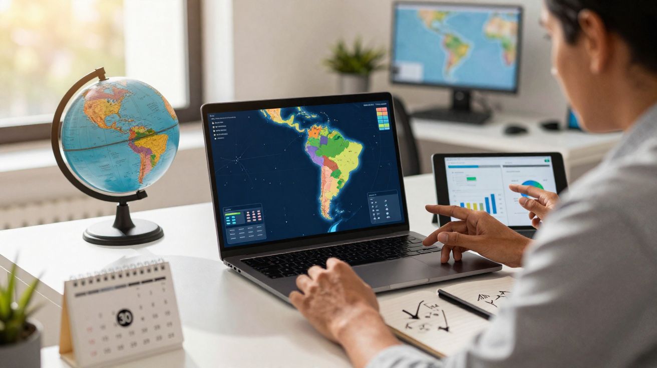 Pessoa a analisar mapas da América do Sul num computador portátil num escritório com globo e calendário na mesa.