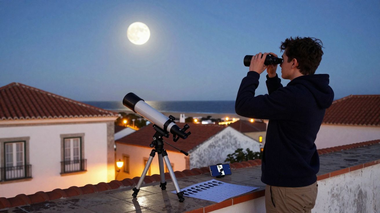 Jovem observa a lua cheia ao longe com binóculos, ao lado de um telescópio numa varanda ao entardecer.