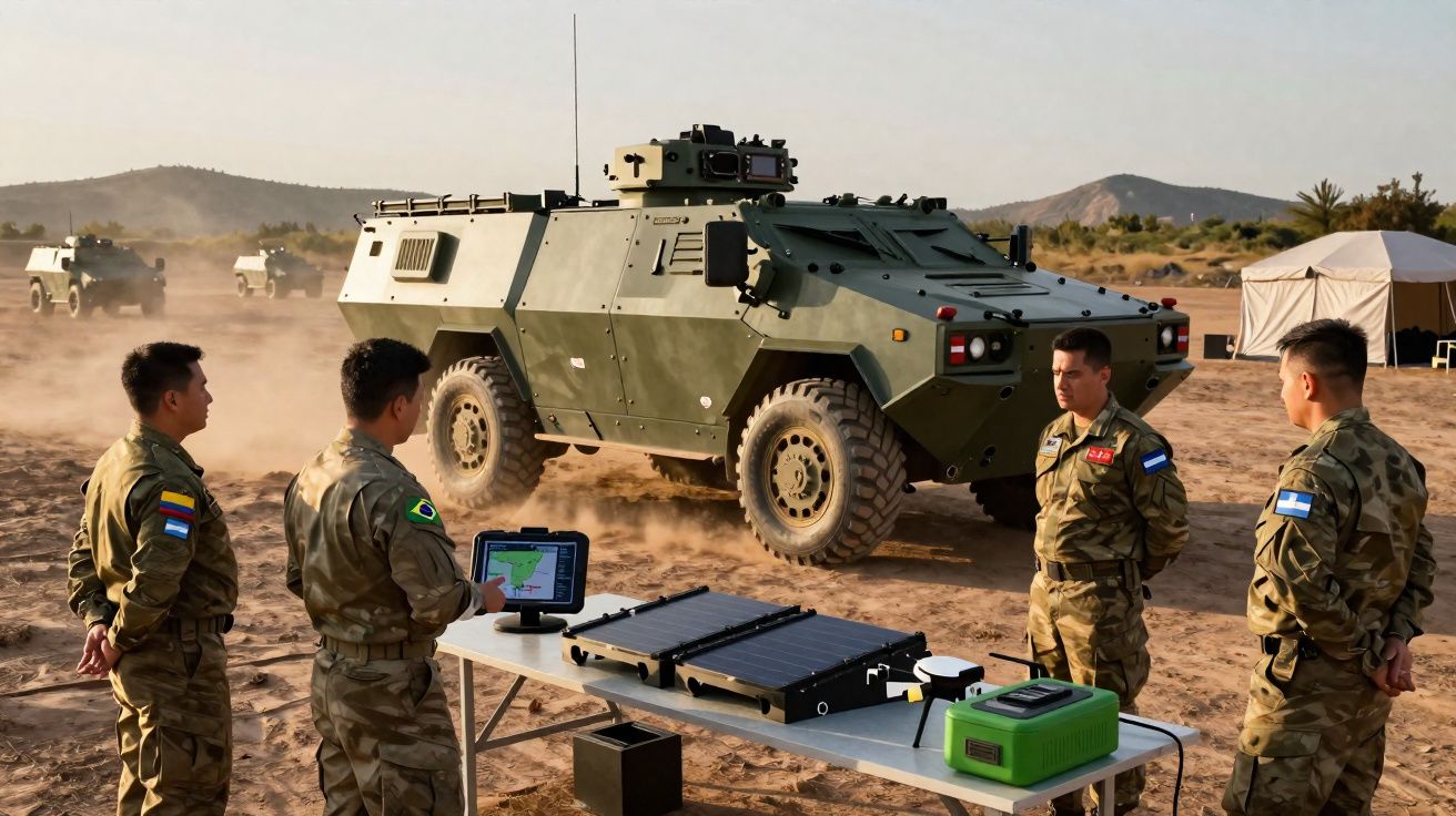 Quatro militares em uniforme observam um veículo militar blindado verde durante exercício em terreno seco e montanhoso.