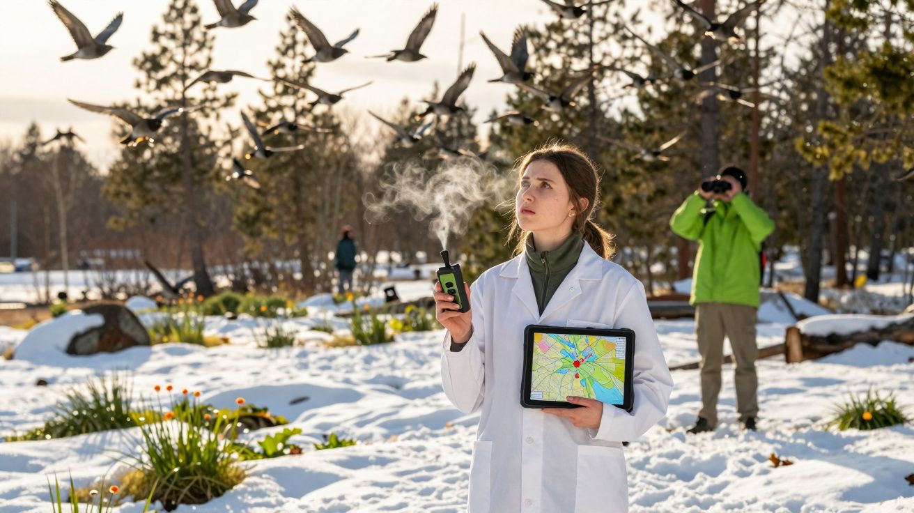 Mulher com bata branca segura rádio e tablet, observa pássaros voando em área nevada com vegetação.