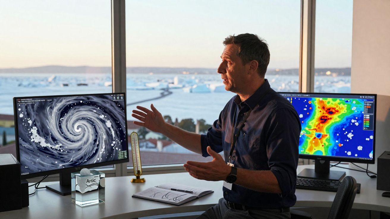 Homem explica fenómeno meteorológico com imagens de ciclone e mapa térmico em dois ecrãs junto a janela.