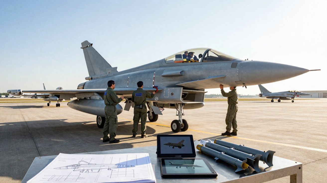 Caça militar estacionado em pista com tripulação em torno e manuais técnicos em mesa próxima.