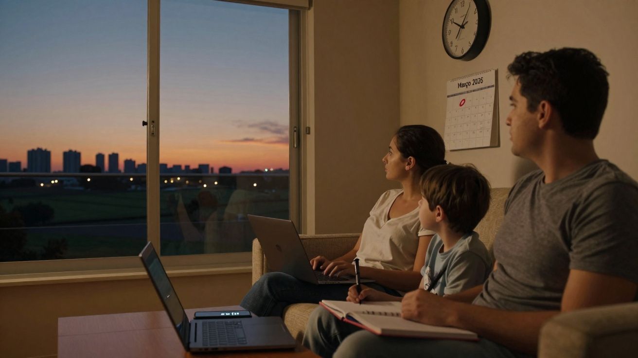Família sentada no sofá a trabalhar e estudar, a olhar pela janela para o pôr do sol na cidade.