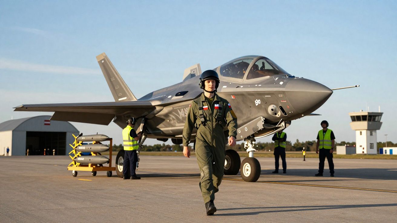 Piloto militar a caminhar em frente a um caça F-35 estacionado numa pista de aeroporto militar.