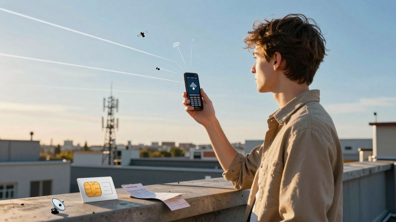 Jovem segurando telemóvel com ilustrações digitais de satélites e chip sobre parapeito num terraço urbano.
