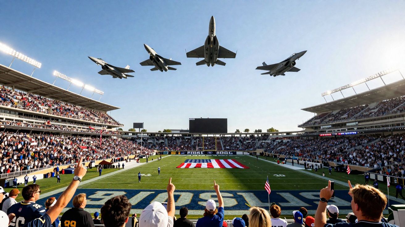 Quatro aviões militares em formação sobre um estádio de futebol cheio de espectadores.