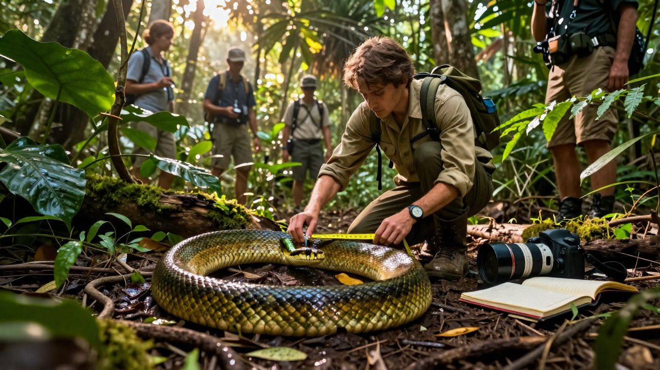 Homem mede cobra gigante no meio da floresta, com grupo de pessoas e equipamentos de fotografia ao fundo.