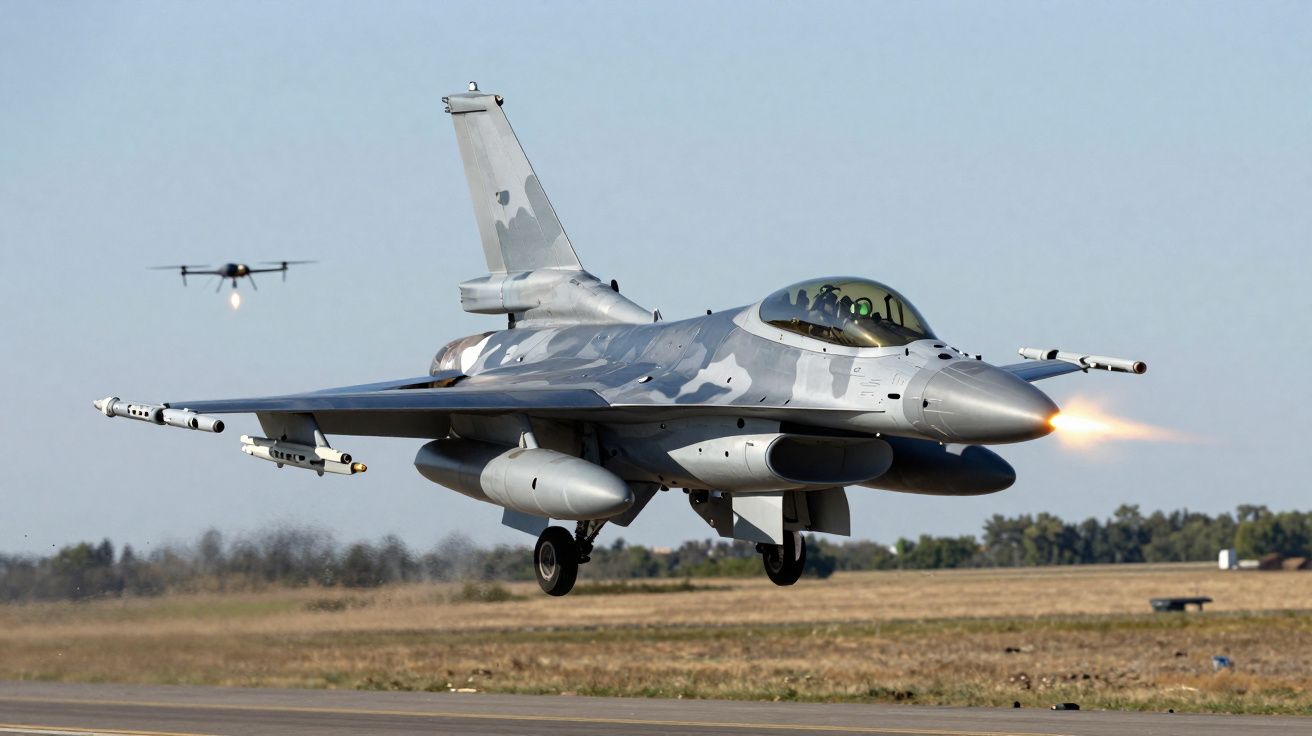 Caça militar camuflado a descolar com lança-foguetes e drone ao fundo num céu limpo.