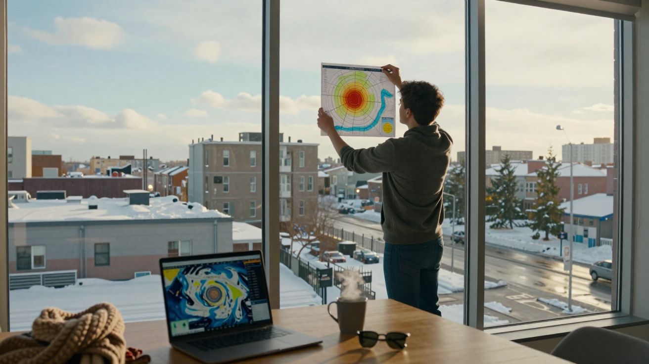 Pessoa a analisar mapa meteorológico numa janela, com laptop e chá numa mesa em ambiente urbano nevado.