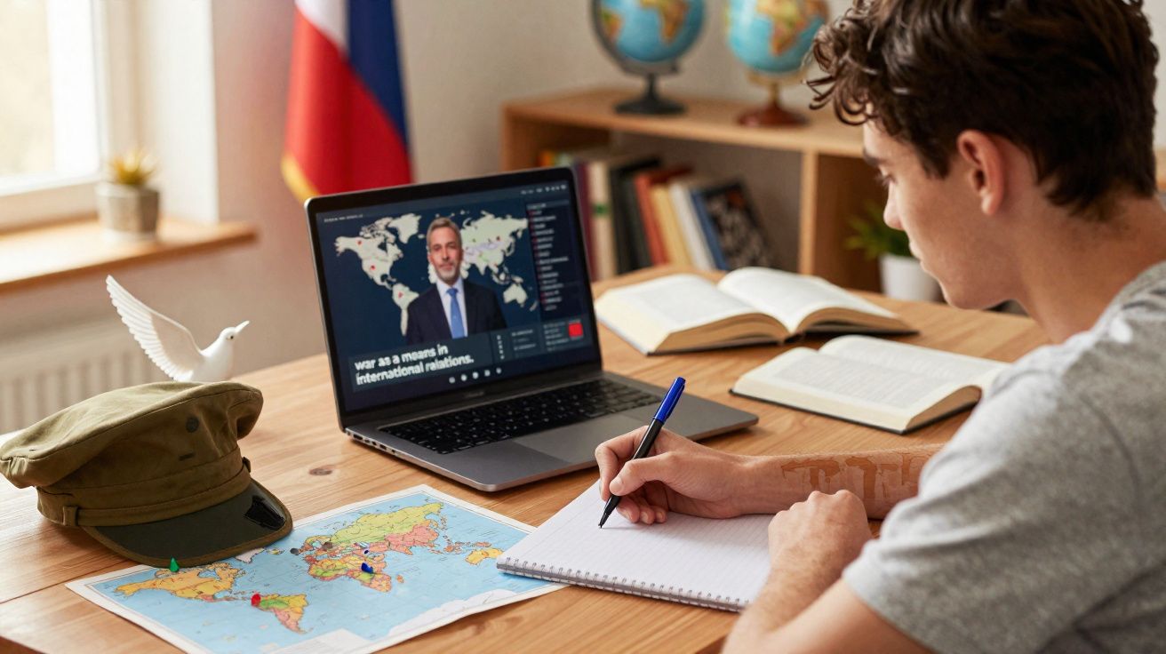 Jovem a assistir a conferência online sobre relações internacionais, com mapa, livros e laptop sobre a mesa.