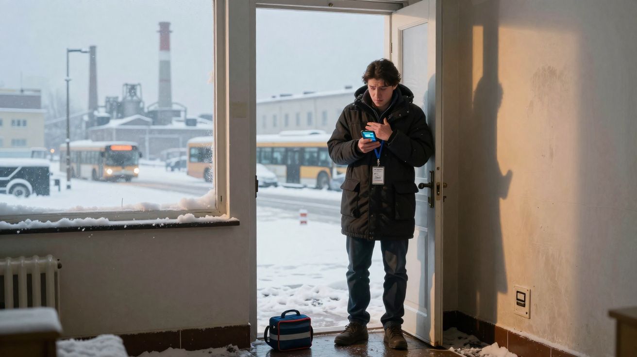 Homem de casaco abre porta para lado de fora nevado com autocarros ao fundo, olha para telemóvel.
