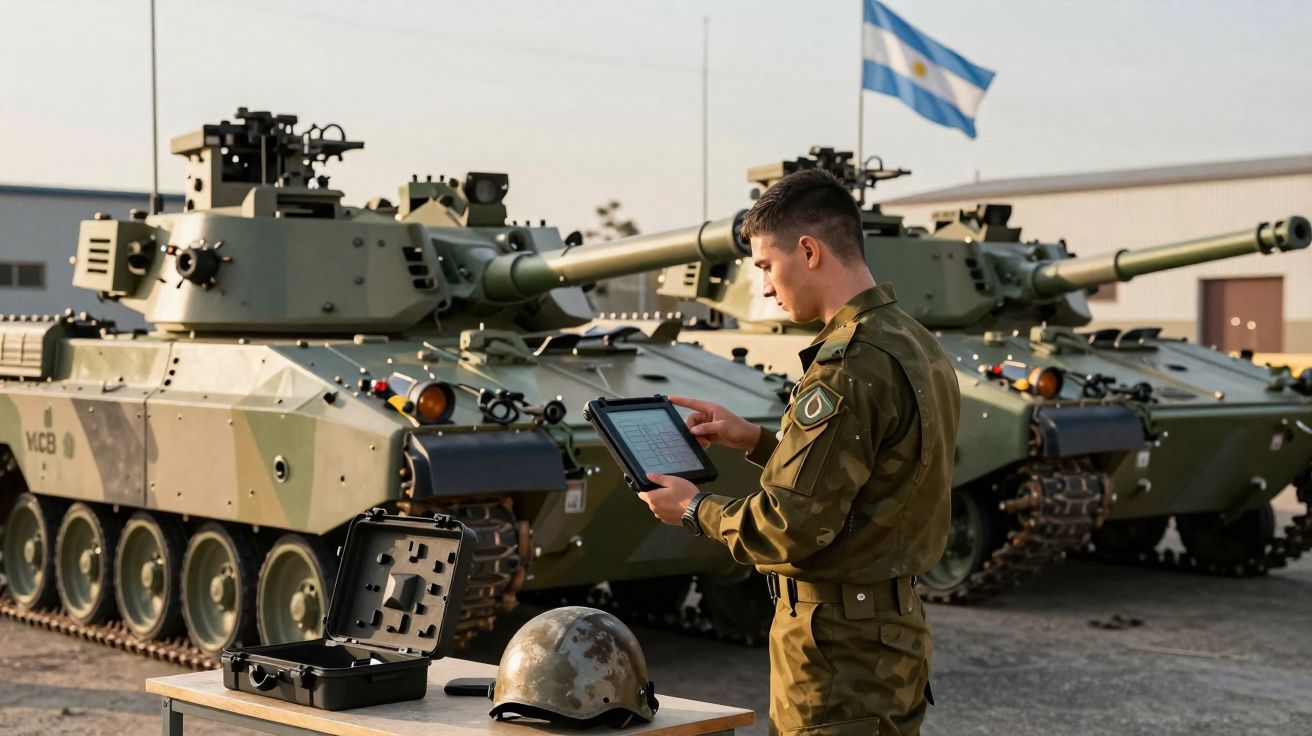 Soldado em uniforme militar com tablet à frente de dois veículos militares blindados e bandeira da Argentina.