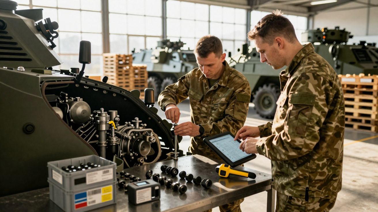 Dois soldados em uniforme camuflado inspeccionam componentes mecânicos de um veículo militar num armazém.