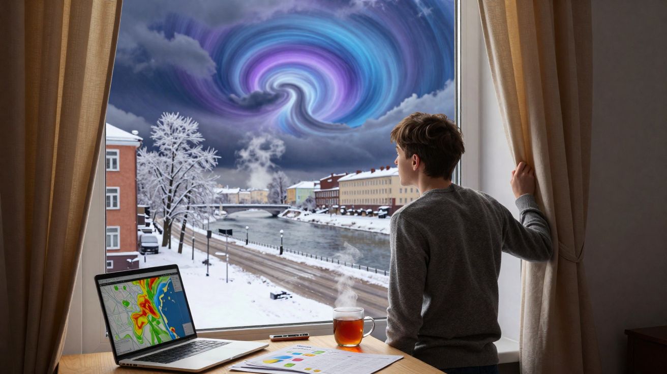 Rapaz observa tornado colorido no céu de cidade nevada por janela com chá e computador à frente.